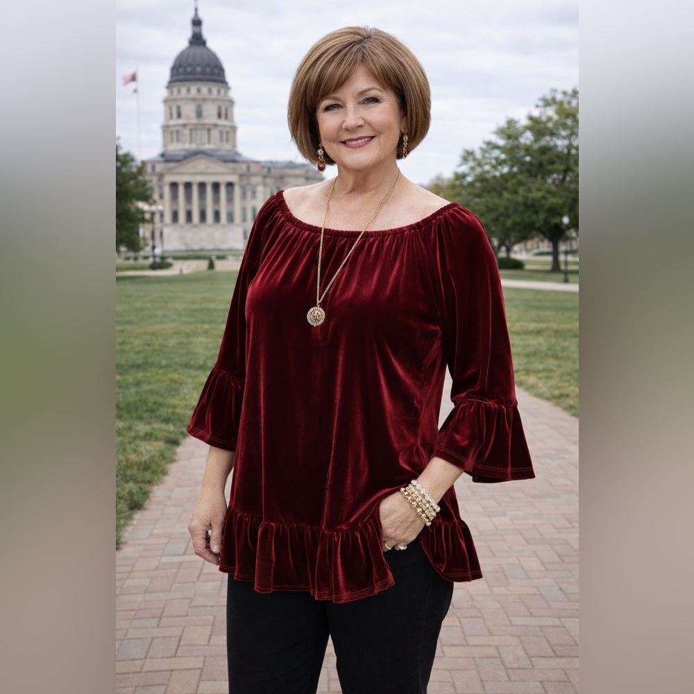 Fever Burgundy Velour Velvet Blouse Bell Sleeves Elastic Neckline